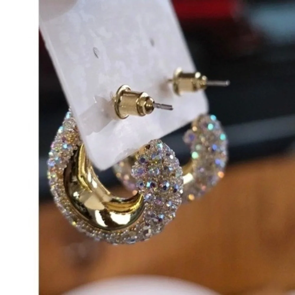 Ellas Chunky Hoop Earrings Gold Iridescent New AB Crystal Rhinestone Statement